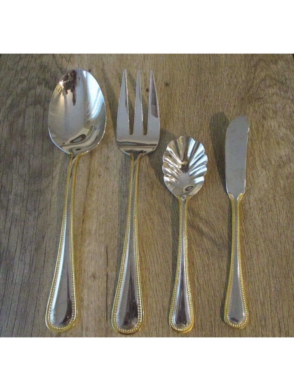 International Silver Pearl Gold Accent Hostess Serving Set 4-Piece Spoon Fork